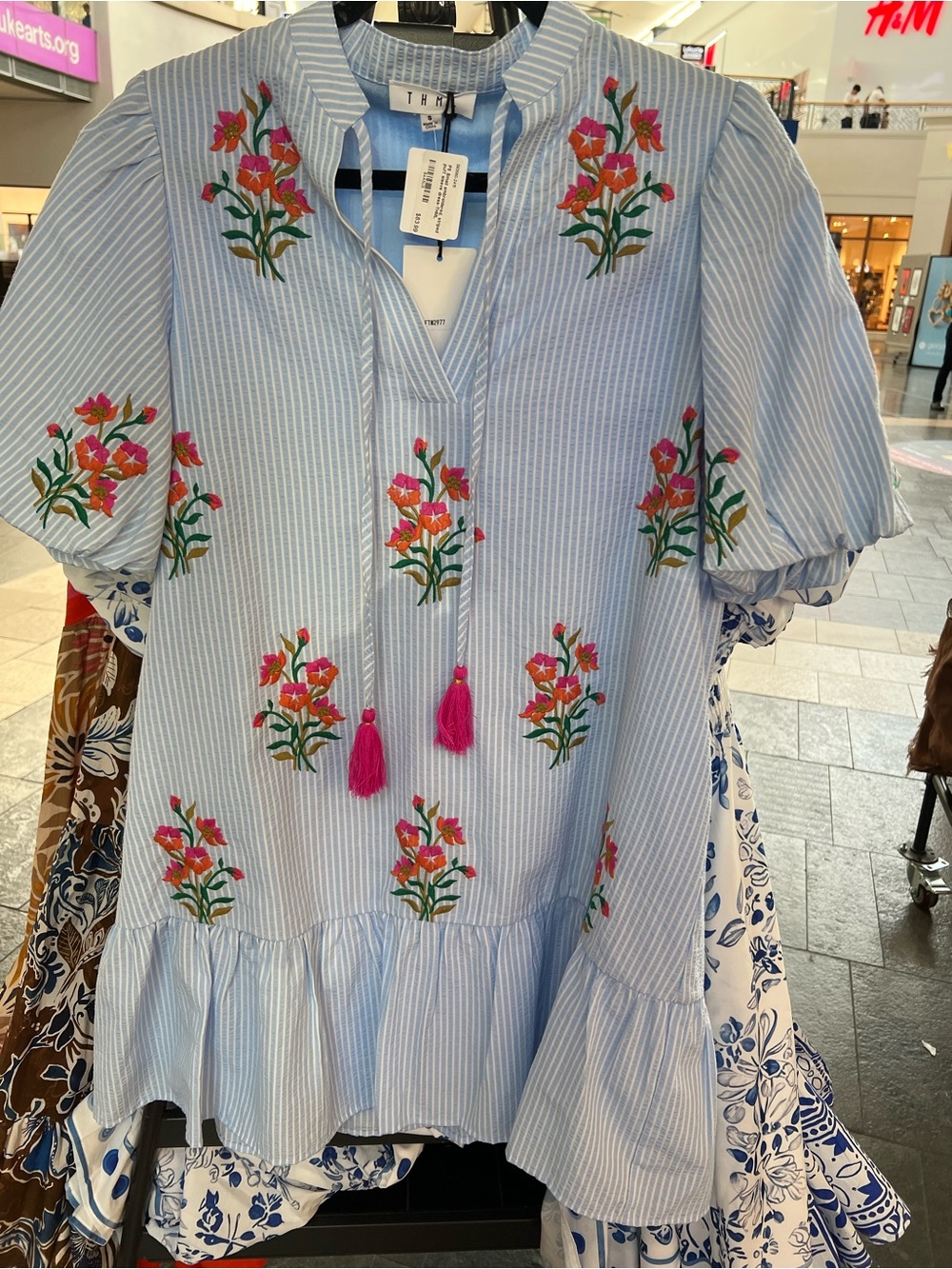 THML Light Blue Striped Mini Dress with Pink Floral Embroidery and Tassels - Picture 2 of 5